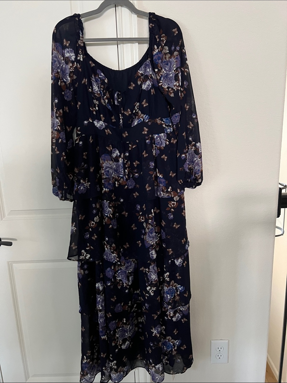 Navy Floral Maxi Dress with Lavender and Brown Accents